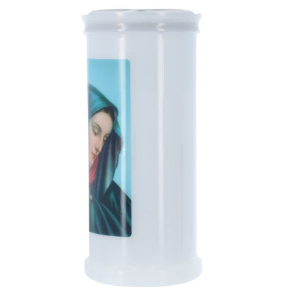 Lumino Votivo in cera bianca con immagine Madonna Addolorata. Dimensioni 6,5x15 cm