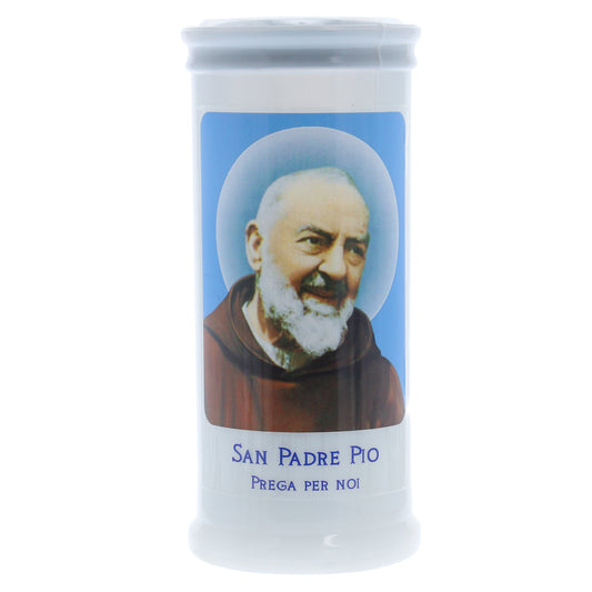 Lumino Votivo in cera bianca con immagine Padre Pio. Dimensioni 6,5x15 cm