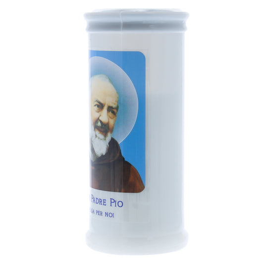 Lumino Votivo in cera bianca con immagine Padre Pio. Dimensioni 6,5x15 cm