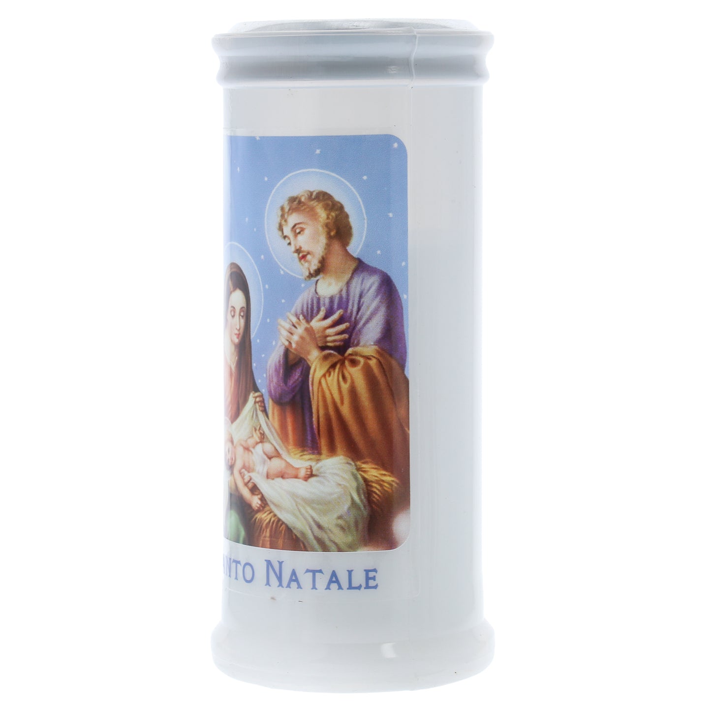 Lumino Votivo in cera bianca con immagine Natale. Dimensioni 6,5x15 cm