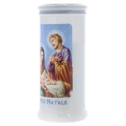Lumino Votivo in cera bianca con immagine Natale. Dimensioni 6,5x15 cm