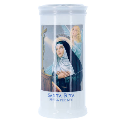 Lumino Votivo in cera bianca con immagine Santa Rita. Dimensioni 6,5x15 cm