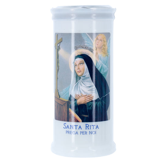 Lumino Votivo in cera bianca con immagine Santa Rita. Dimensioni 6,5x15 cm