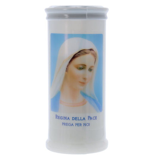 Lumino Votivo in cera bianca con immagine Madonna Regina della Pace. Dimensioni 6,5x15 cm