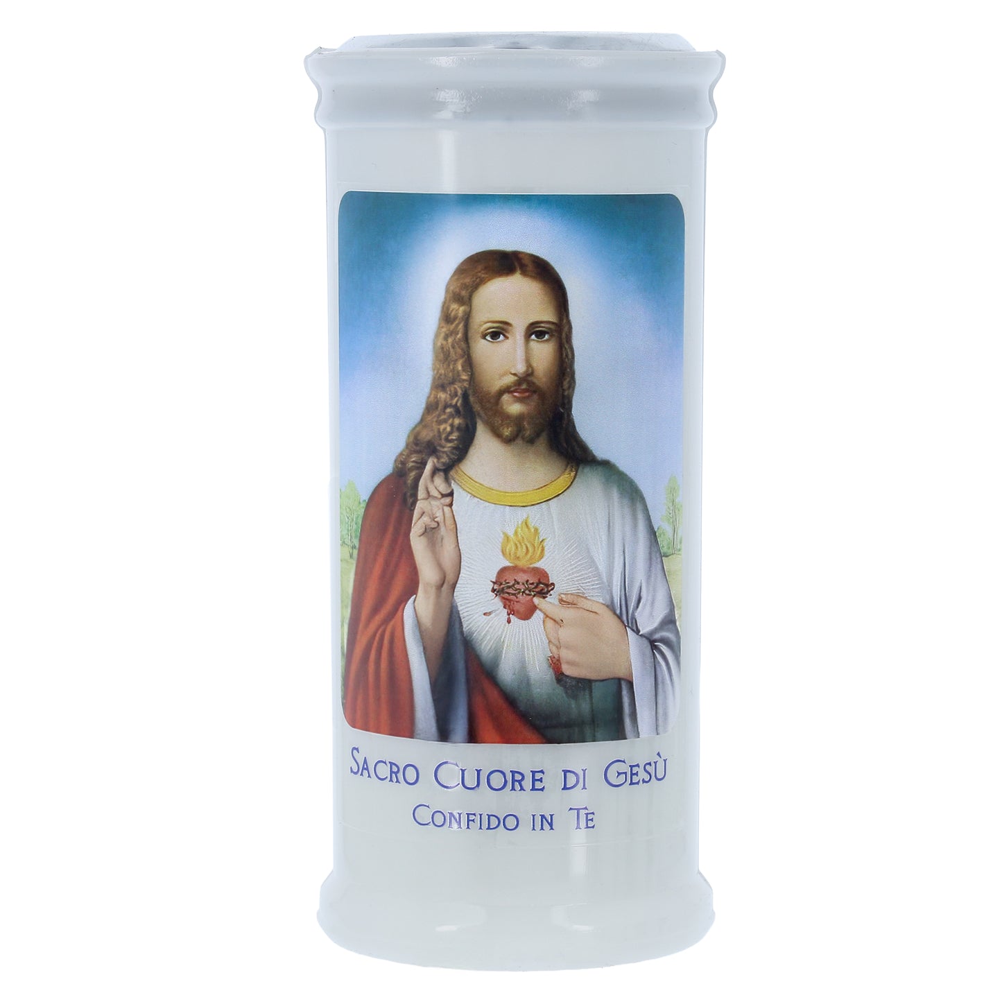 Lumino Votivo in cera bianca con immagine Sacro Cuore di Gesu'. Dimensioni 6,5x15 cm