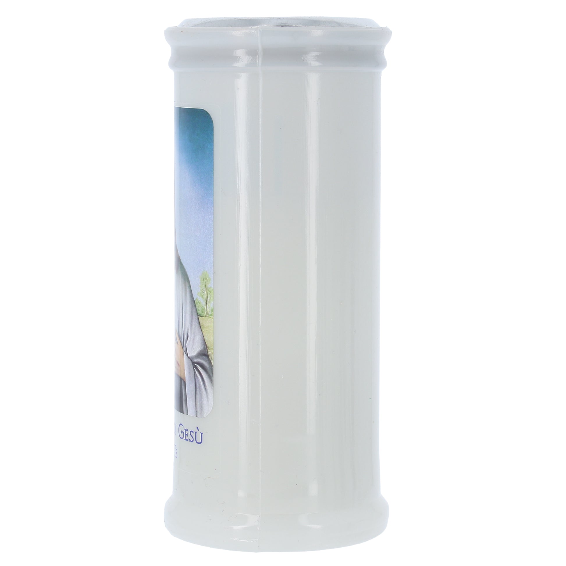 Lumino Votivo in cera bianca con immagine Sacro Cuore di Gesu'. Dimensioni 6,5x15 cm