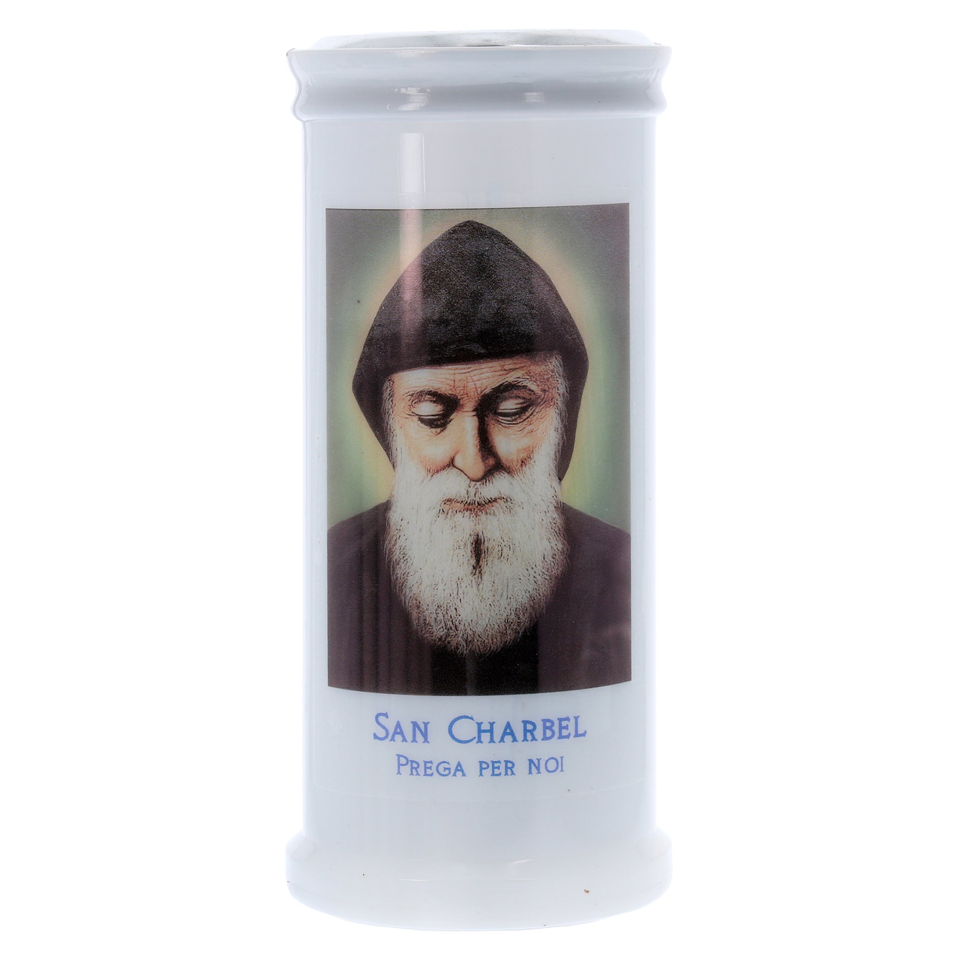 Lumino Votivo in cera bianca con immagine San Charbel. Dimensioni 6,5x15 cm
