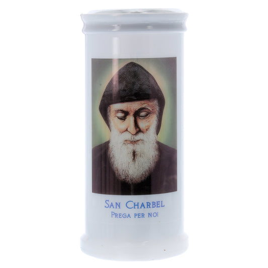 Lumino Votivo in cera bianca con immagine San Charbel. Dimensioni 6,5x15 cm
