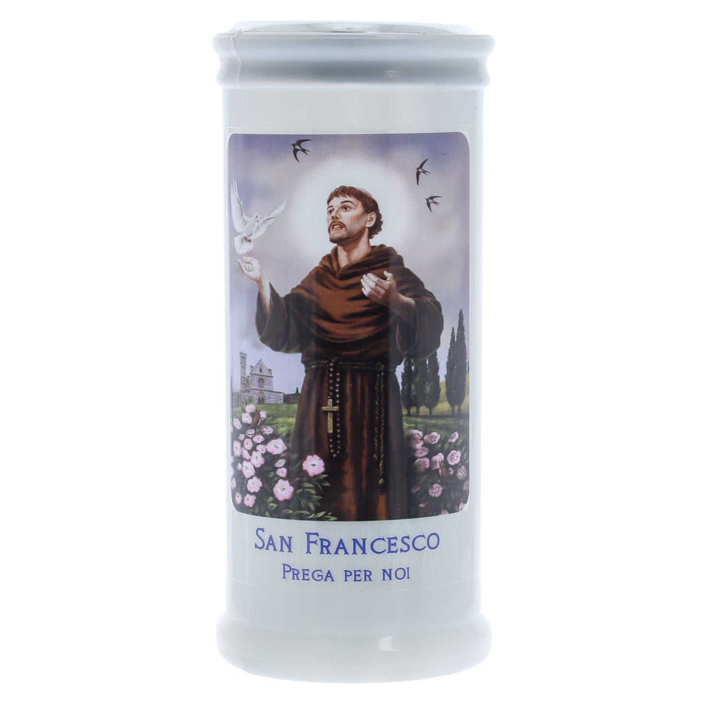 Lumino Votivo in cera bianca con immagine San Francesco. Dimensioni 6,5x15 cm