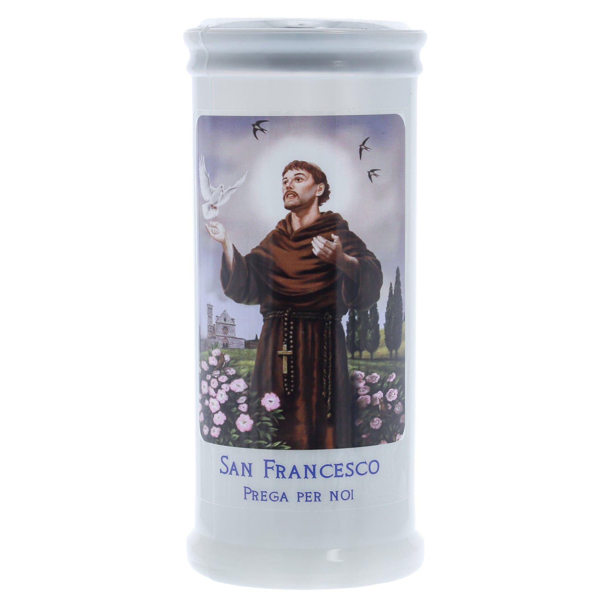 Lumino Votivo in cera bianca con immagine San Francesco. Dimensioni 6,5x15 cm