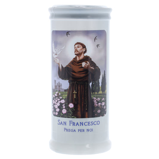Lumino Votivo in cera bianca con immagine San Francesco. Dimensioni 6,5x15 cm