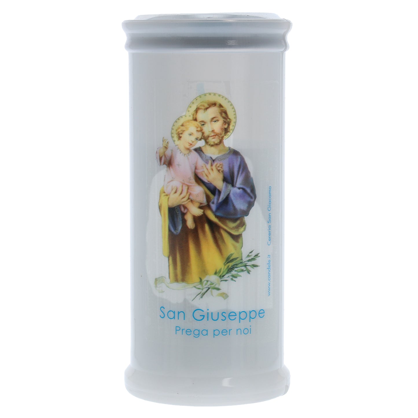 Lumino Votivo in cera bianca con immagine San Giuseppe. Dimensioni 6,5x15 cm
