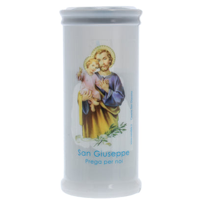 Lumino Votivo in cera bianca con immagine San Giuseppe. Dimensioni 6,5x15 cm