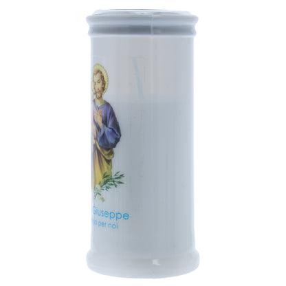 Lumino Votivo in cera bianca con immagine San Giuseppe. Dimensioni 6,5x15 cm