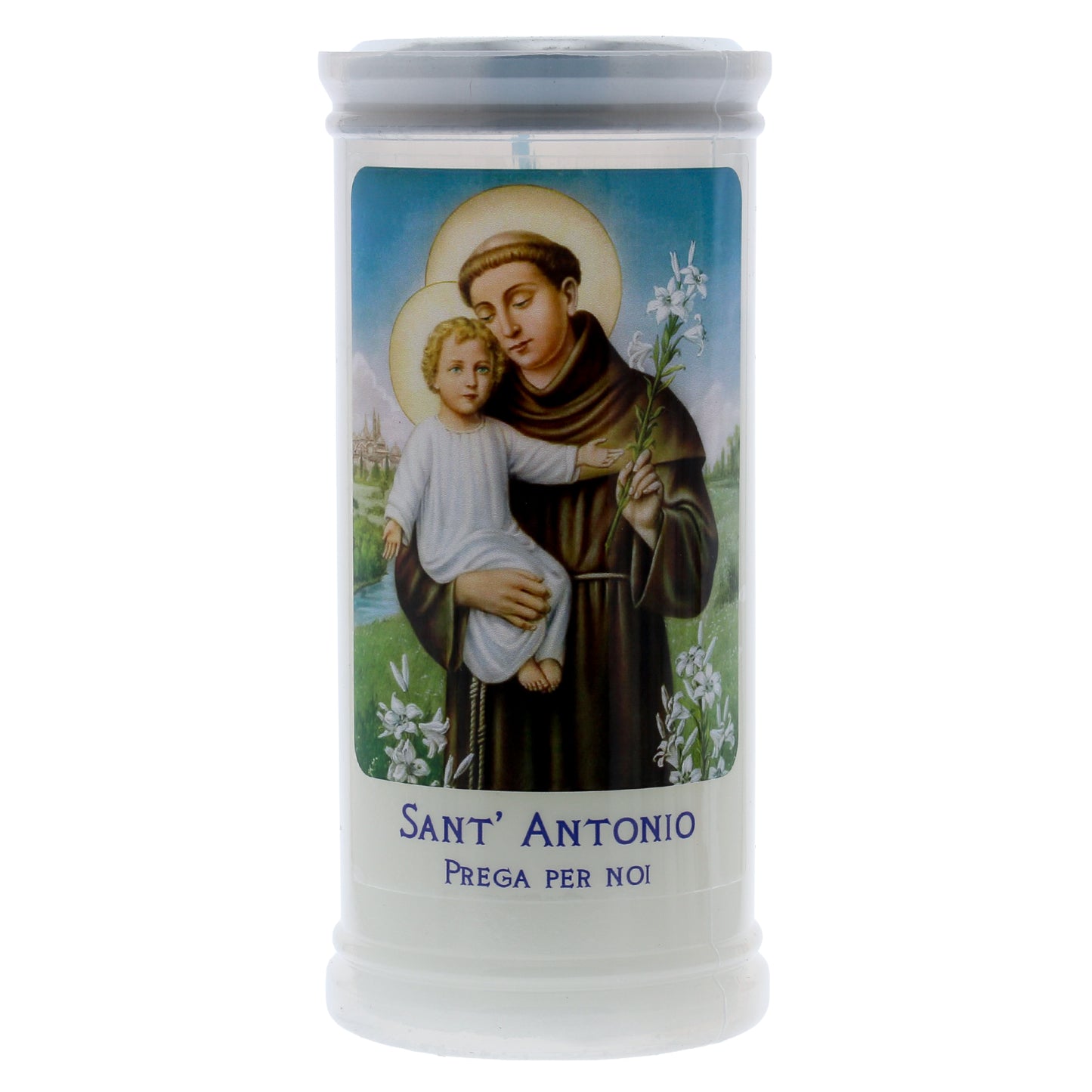 Lumino Votivo in cera bianca con immagine Sant' Antonio. Dimensioni 6,5x15 cm