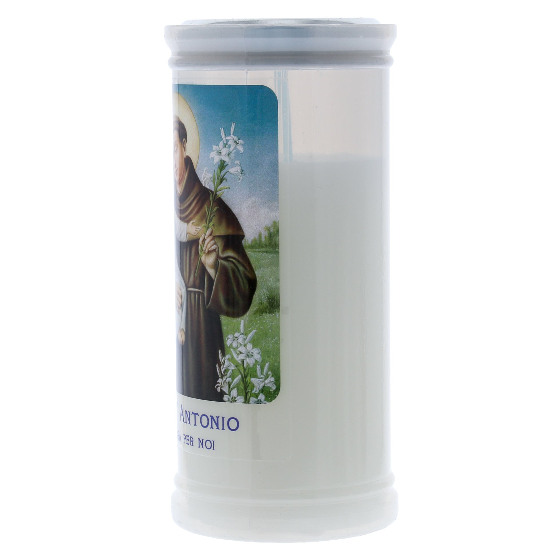 Lumino Votivo in cera bianca con immagine Sant' Antonio. Dimensioni 6,5x15 cm