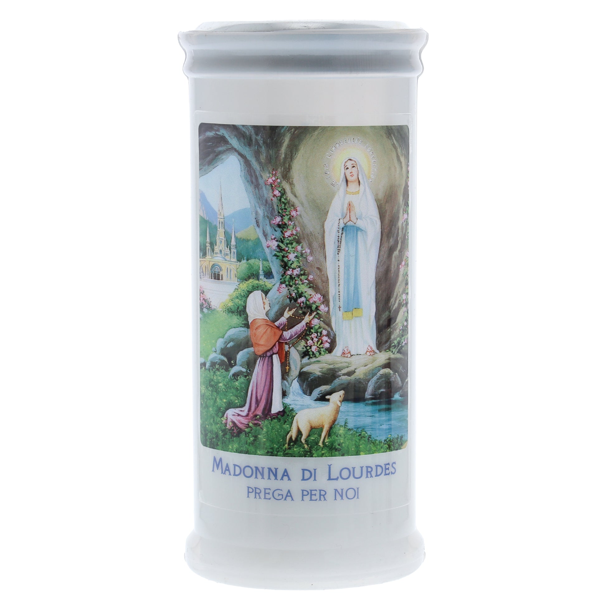 Lumino Votivo in cera bianca con immagine Madonna di Lourdes. Dimensioni 6,5x15 cm
