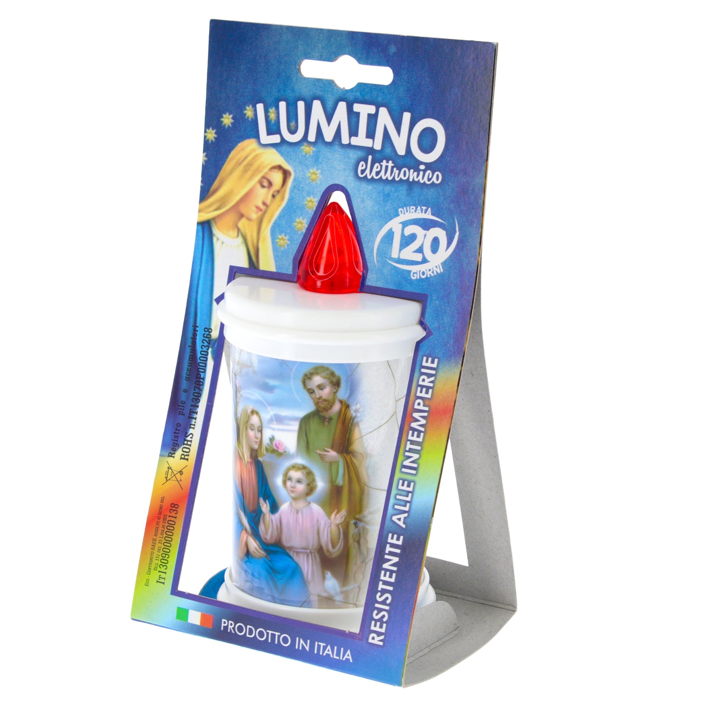 Lumino elettronico "Sacra Famiglia", durata 120 giorni. Altezza 13 cm