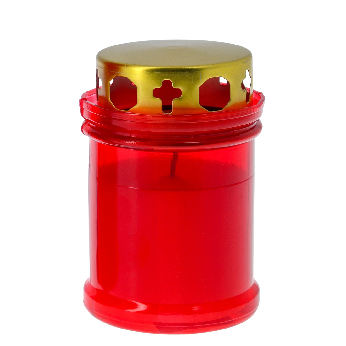 Lumino Votivo in plastica rossa, con parapioggia. Dimensioni 6,5x9,5 cm