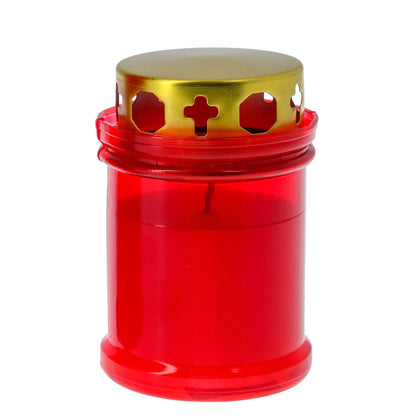 Lumino Votivo in plastica rossa, con parapioggia. Dimensioni 6,5x9,5 cm