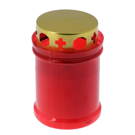 Lumino Votivo in plastica rossa, con parapioggia. Dimensioni 6,5x9,5 cm
