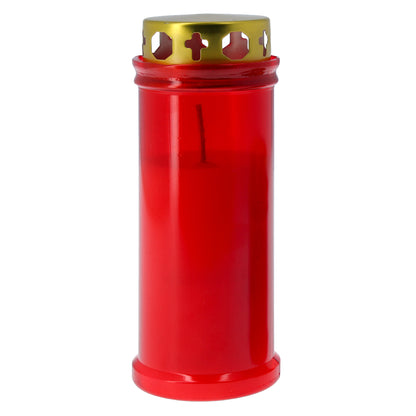 Lumino Votivo in plastica rossa, con parapioggia. Dimensioni 6,5x16 cm
