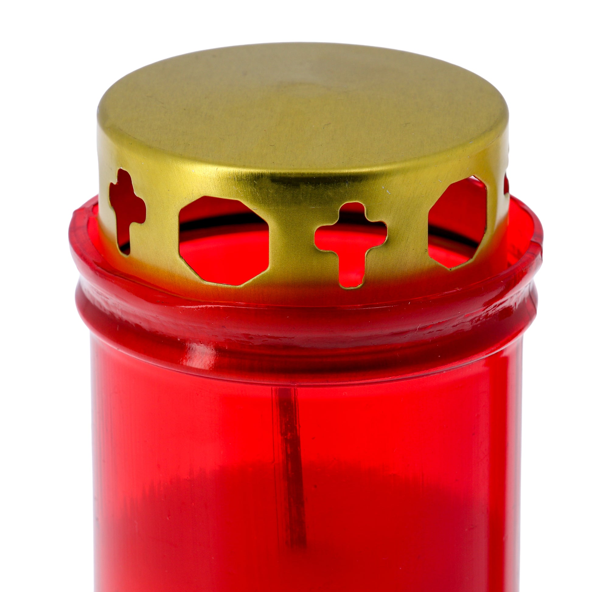 Lumino Votivo in plastica rossa, con parapioggia. Dimensioni 6,5x16 cm