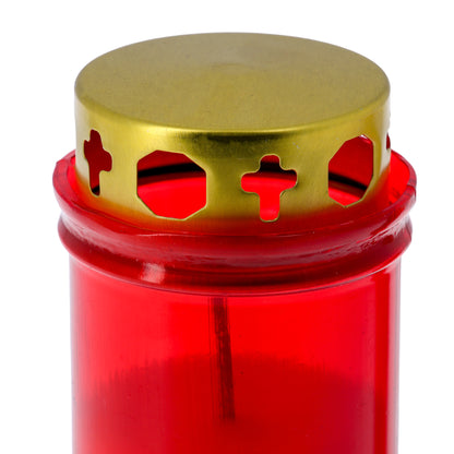Lumino Votivo in plastica rossa, con parapioggia. Dimensioni 6,5x16 cm
