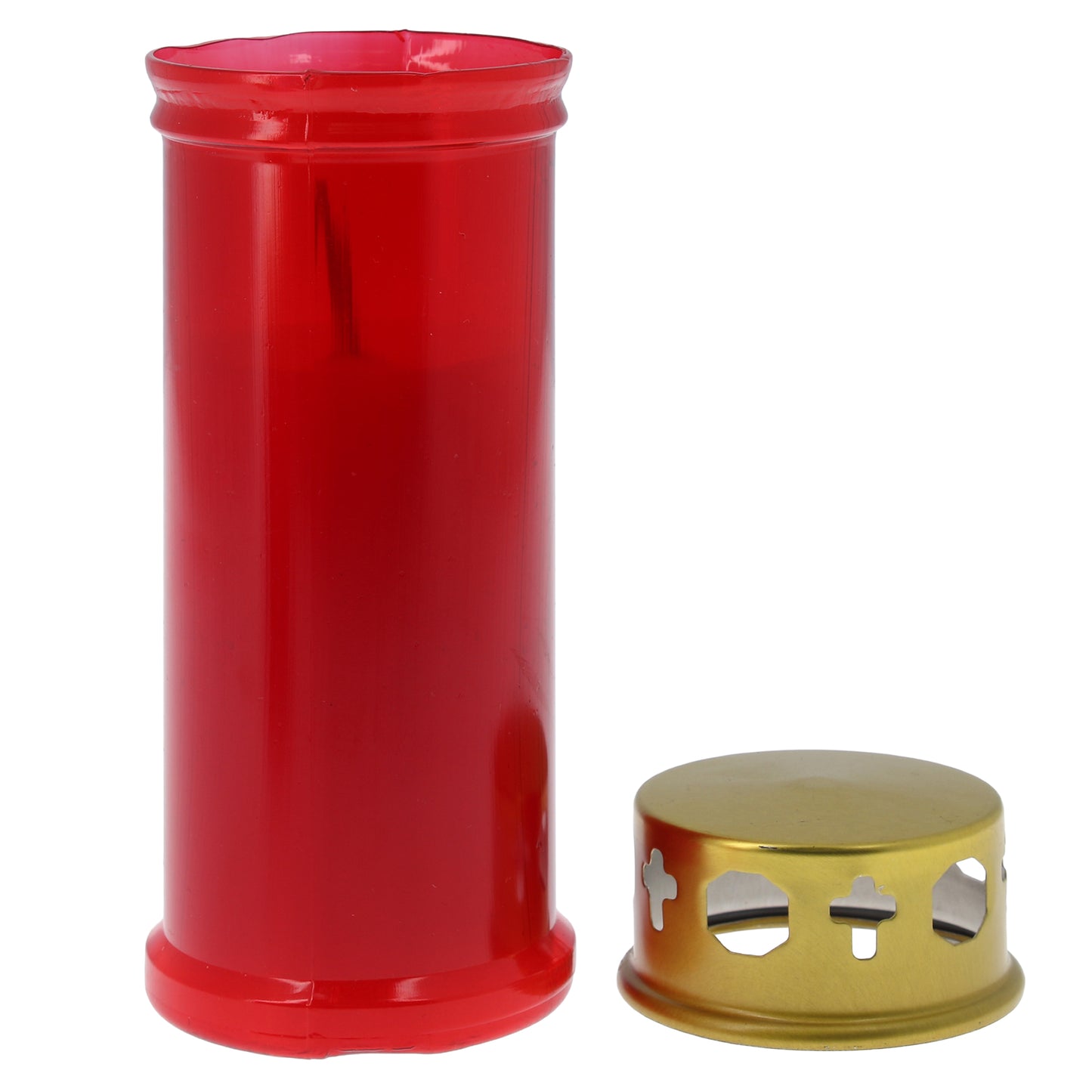 Lumino Votivo in plastica rossa, con parapioggia. Dimensioni 6,5x16 cm