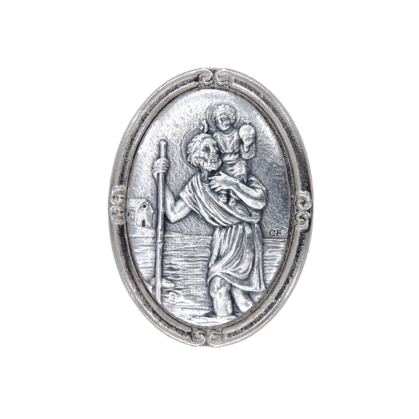 Calamita con adesivo, ovale, in zama, San Cristoforo. Altezza 3,7 cm