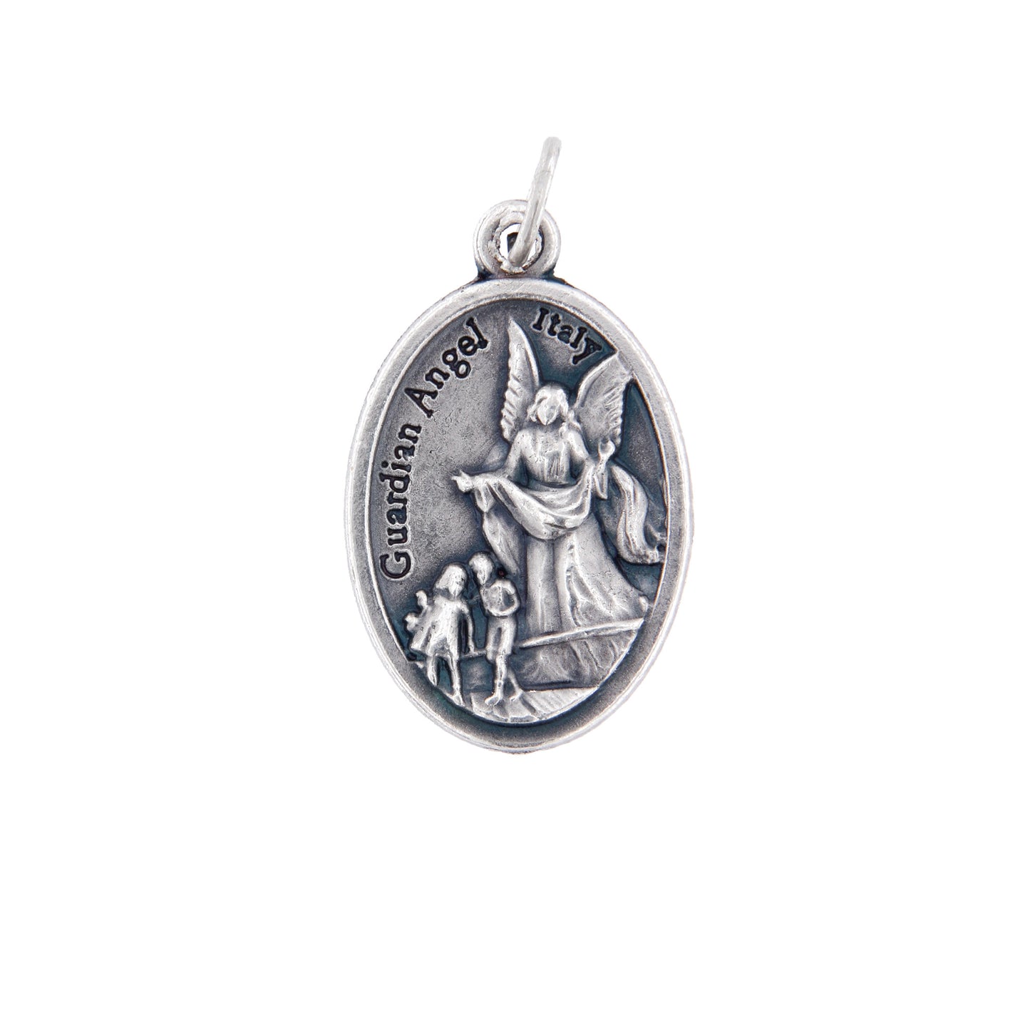 Medaglia Angelo Custode e retro croce, in zama. Altezza 2,2 cm