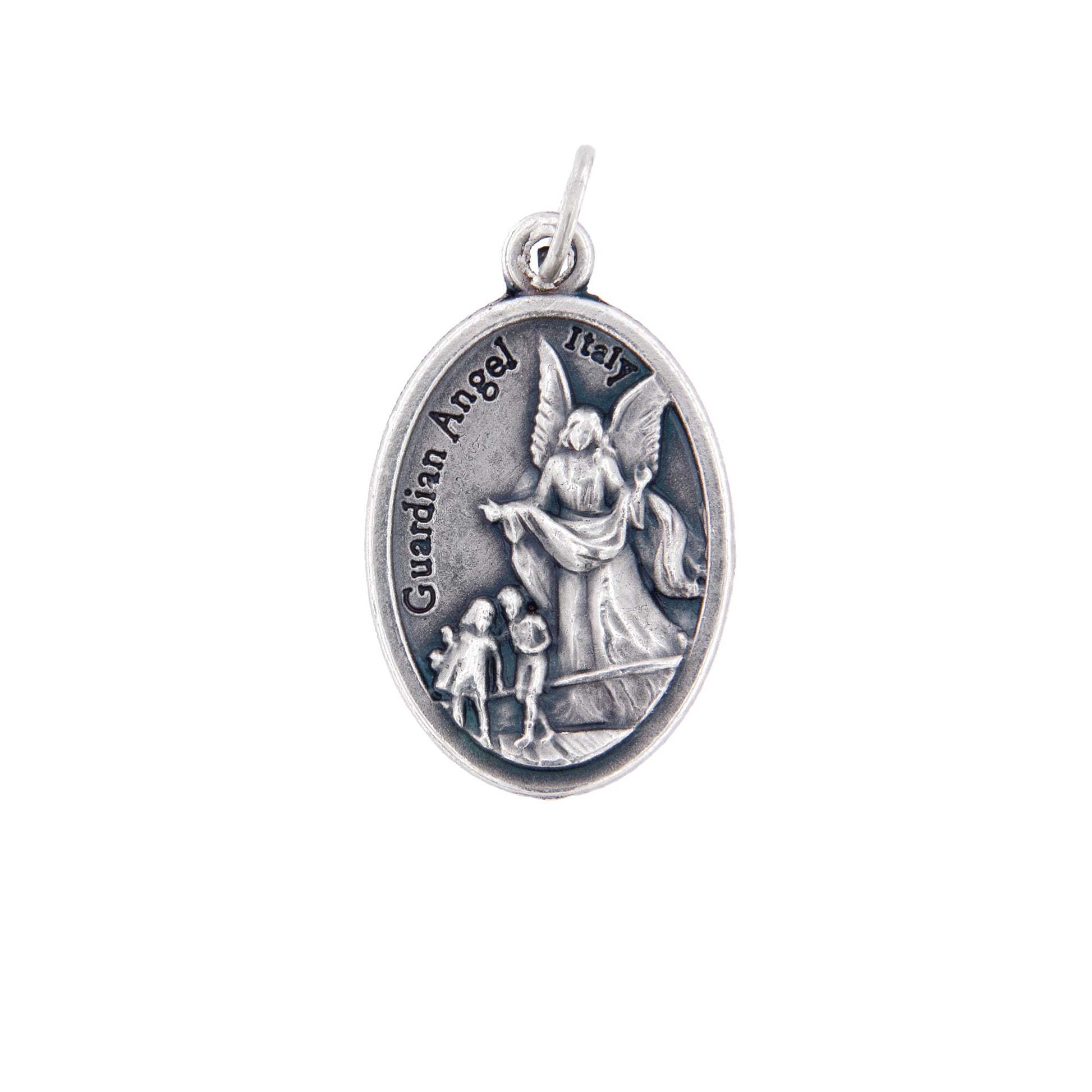 Medaglia Angelo Custode e retro croce, in zama. Altezza 2,2 cm