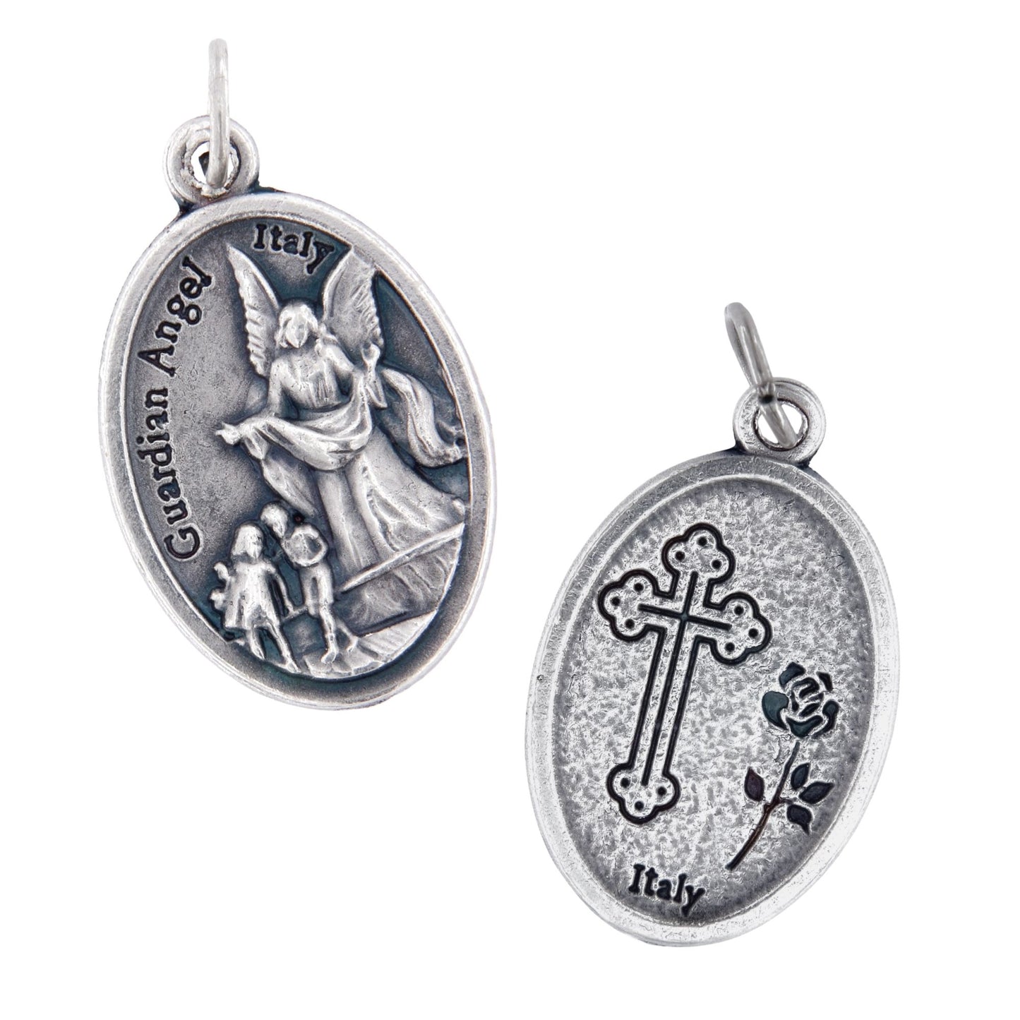Medaglia Angelo Custode e retro croce, in zama. Altezza 2,2 cm
