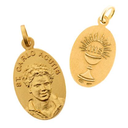 Medaglia St. Carlo Acutis in argento 925 dorato. Altezza 2,2 cm