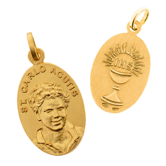 Medaglia St. Carlo Acutis in argento 925 dorato. Altezza 2,2 cm