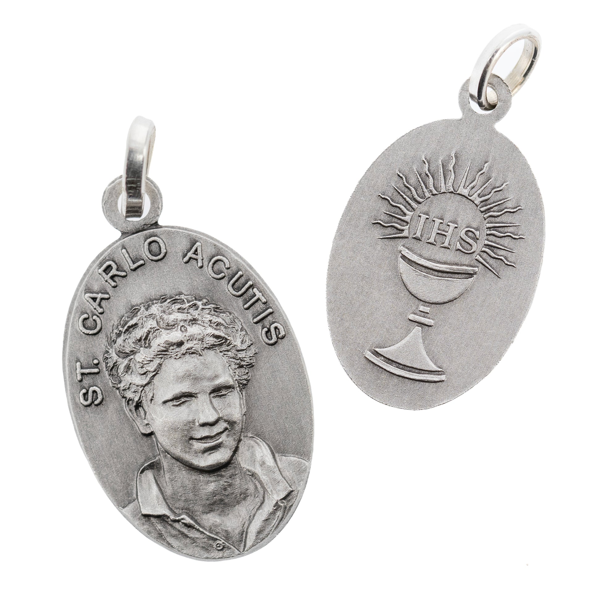 Medaglia St. Carlo Acutis in ottone argentato. Altezza 2,2 cm