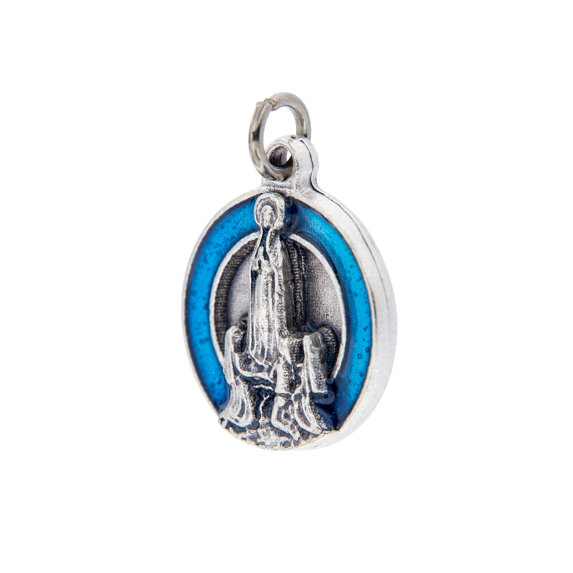 Medaglia Madonna di Fatima, in zama smaltata. Diametro 1,8 cm