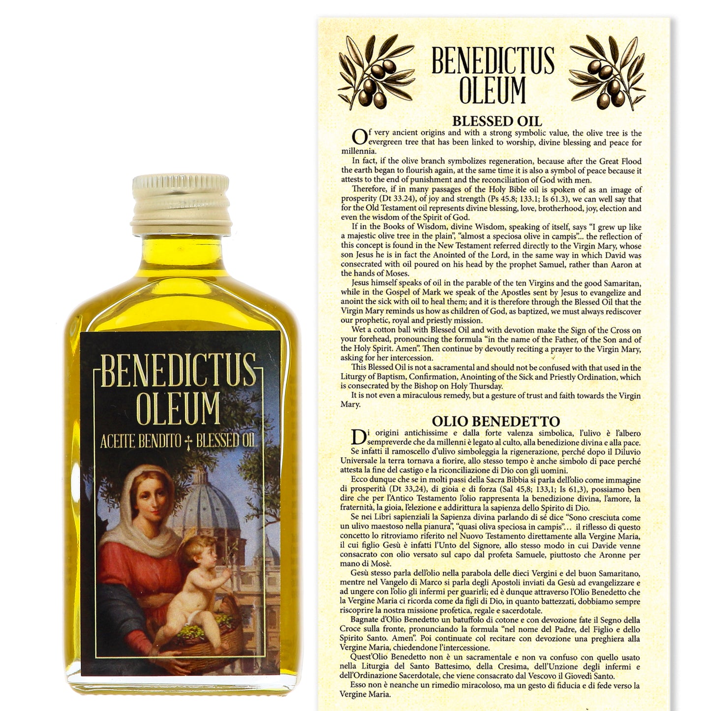 Bottiglia con olio benedetto in confezione e pergamena. Capienza 45 ml.