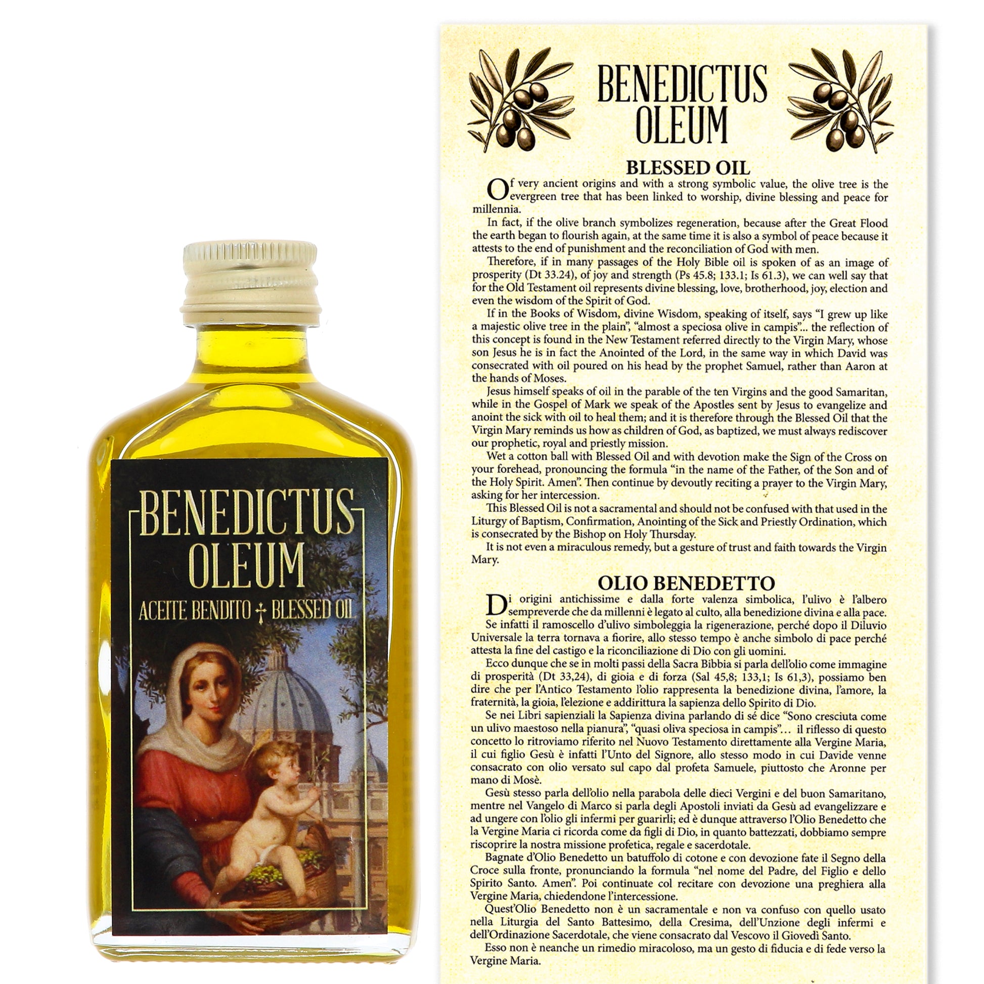 Bottiglia con olio benedetto in confezione e pergamena. Capienza 45 ml.