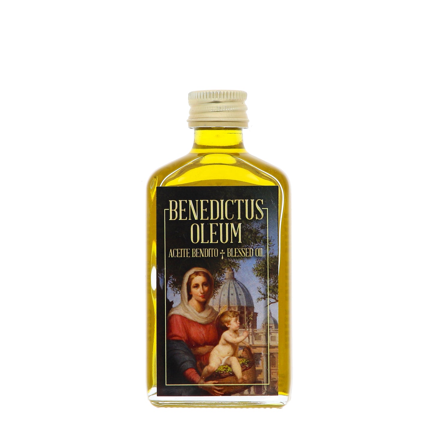 Bottiglia con olio benedetto in confezione e pergamena. Capienza 45 ml.