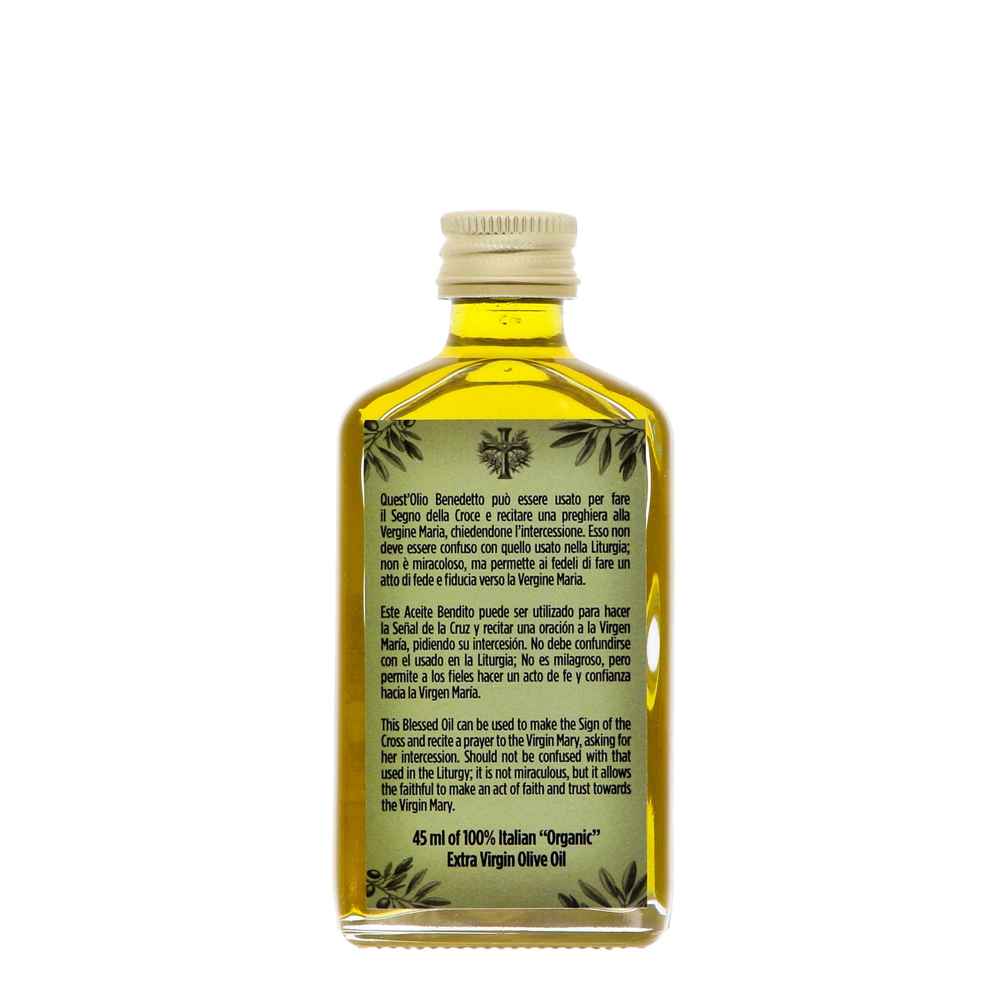 Bottiglia con olio benedetto in confezione e pergamena. Capienza 45 ml.