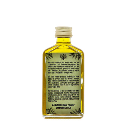 Bottiglia con olio benedetto in confezione e pergamena. Capienza 45 ml.