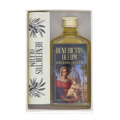 Bottiglia con olio benedetto in confezione e pergamena. Capienza 45 ml.