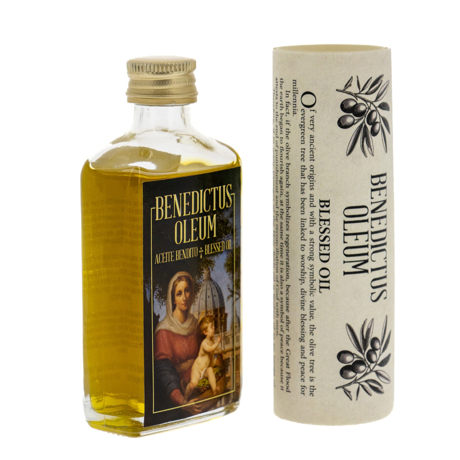 Bottiglia con olio benedetto in confezione e pergamena. Capienza 45 ml.