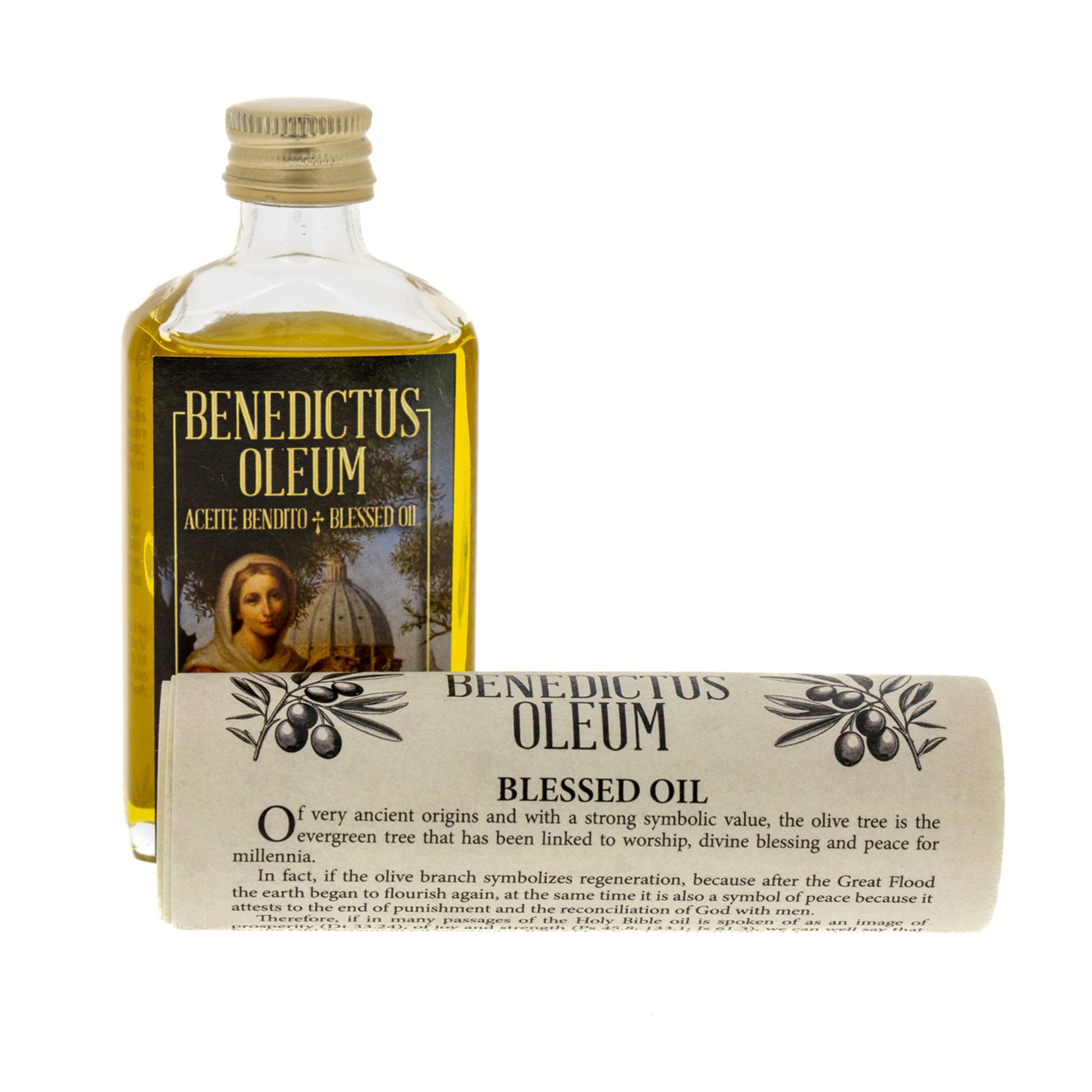 Bottiglia con olio benedetto in confezione e pergamena. Capienza 45 ml.
