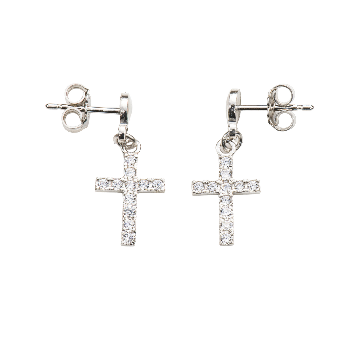 Orecchini Ccroce con zirconi in argento 925 rodiato. Dimensioni 1x1,5 cm