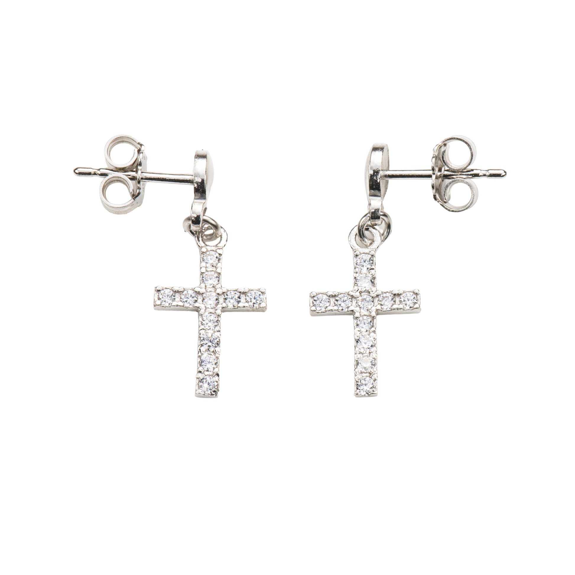 Orecchini Ccroce con zirconi in argento 925 rodiato. Dimensioni 1x1,5 cm
