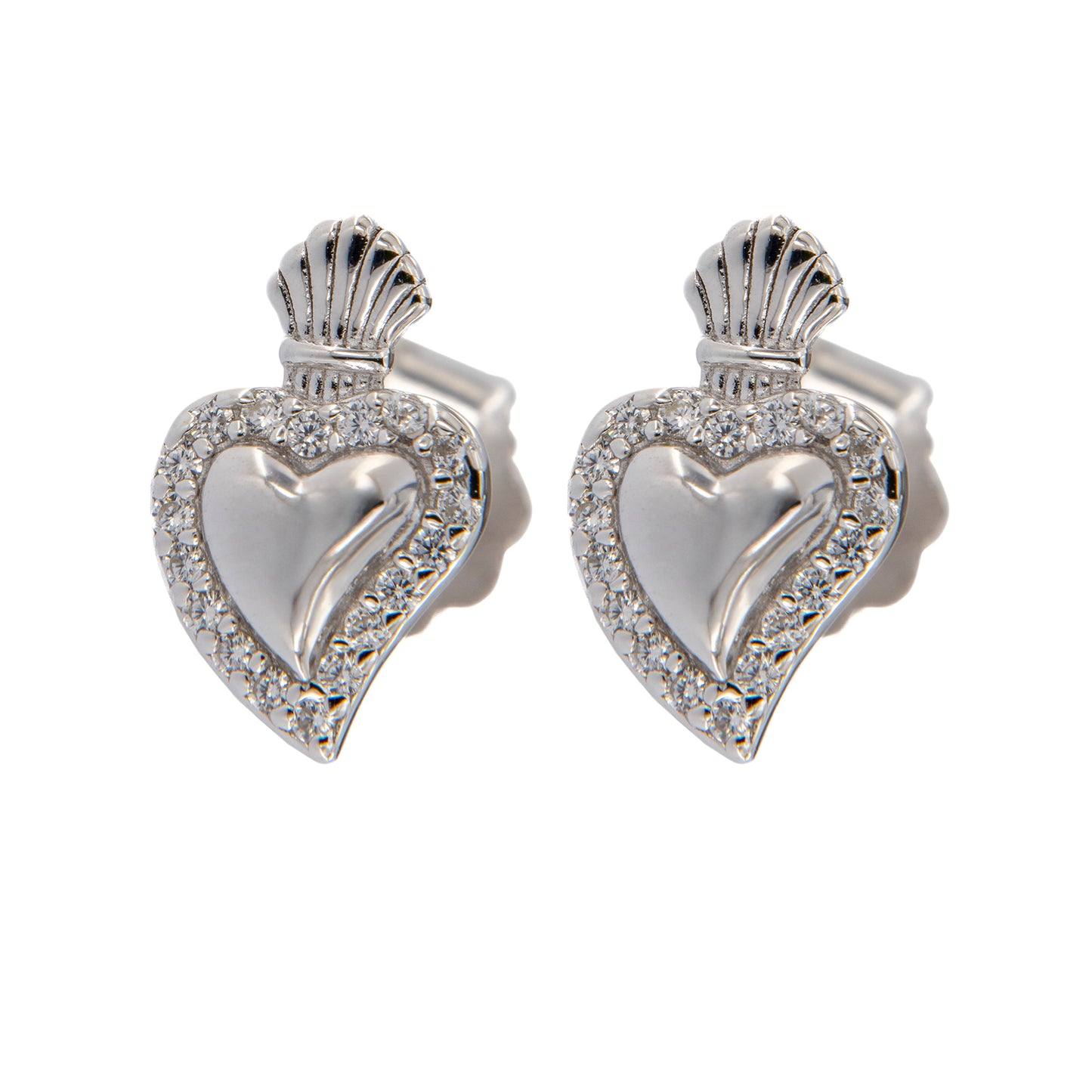 Orecchini Sacrum Cor, Cuore Votivo con zirconi bianchi, argento 925