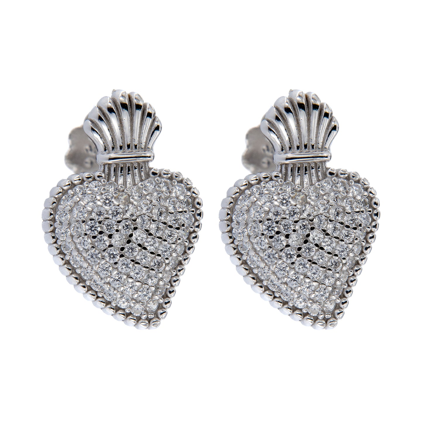Orecchini Sacrum Cor, Cuore Votivo con zirconi bianchi, argento 925
