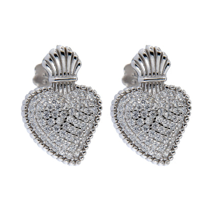 Orecchini Sacrum Cor, Cuore Votivo con zirconi bianchi, argento 925